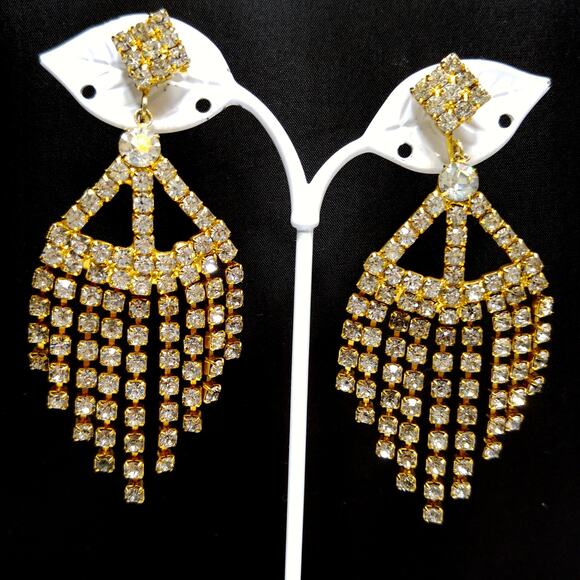 Vintage 1960s Rhinestone Long Dangle Clip Earrings, Gold Plated - Picture 2 of 10